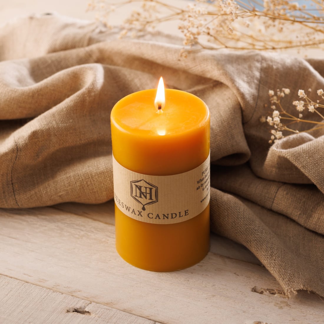 Medium Beeswax Pillar Candle 100% Pure - 65 Hour burn time